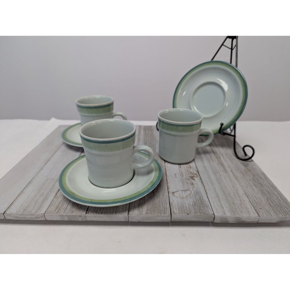Vintage Stoneware JCPenney Sea Green Tea Coffee Cups & Saucers Set Of 3